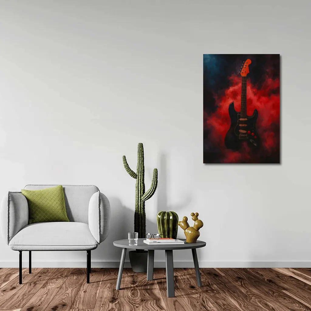 Black Electric Guitar Red Smoke Painting – Wall Art