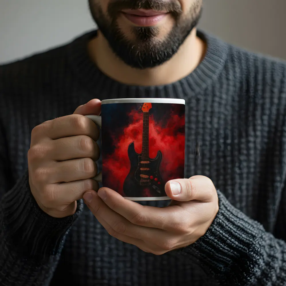 Black Electric Guitar Red Smoke Painting – Mugs