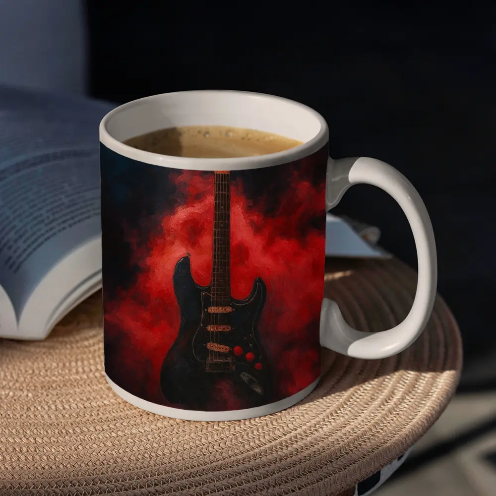 Black Electric Guitar Red Smoke Painting – Mugs