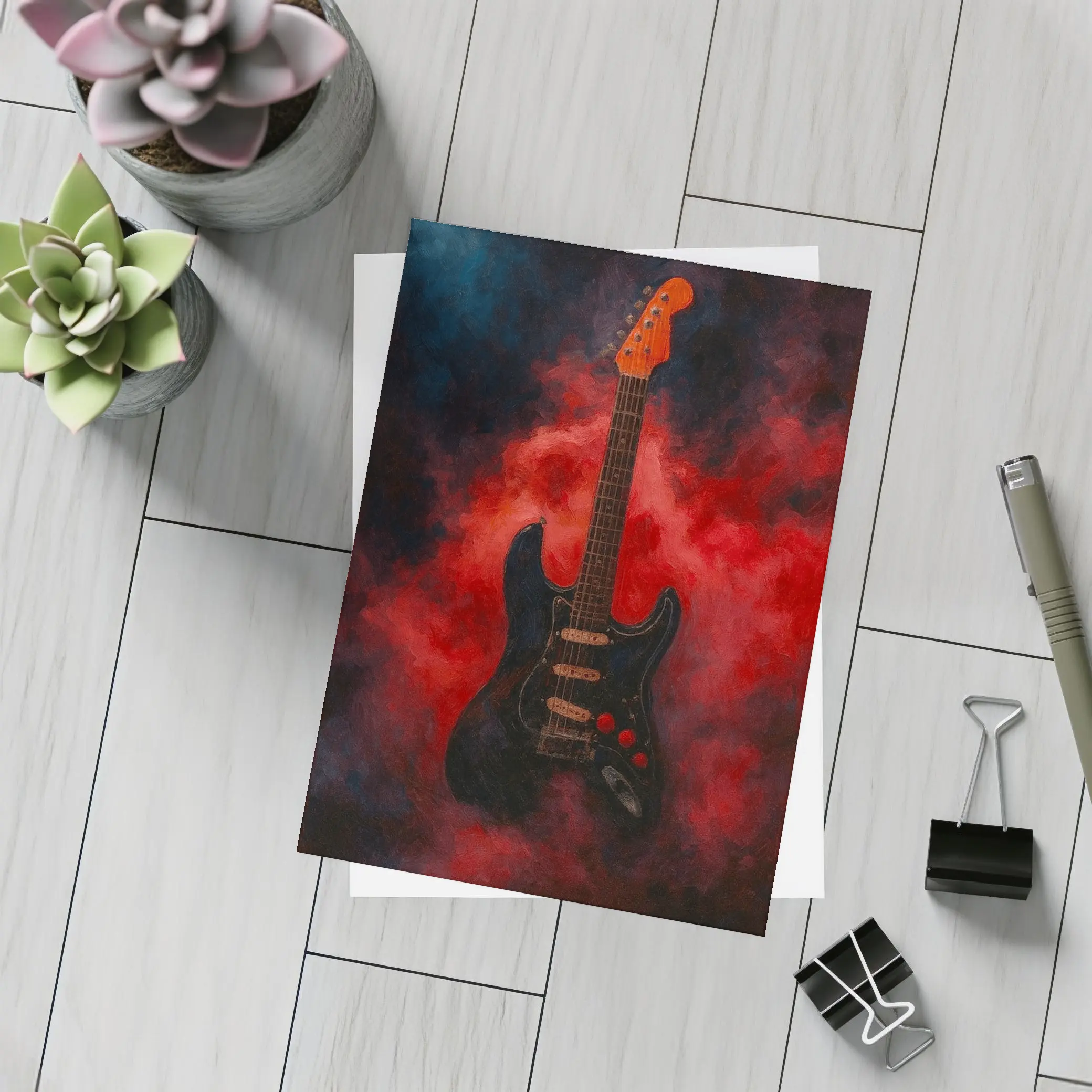 Black Electric Guitar Red Smoke Painting – Postcards