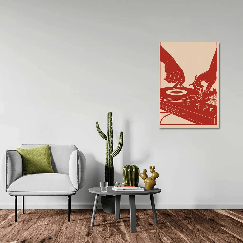 DJ Hands Scratching Vinyl Turntable Red – Wall Art
