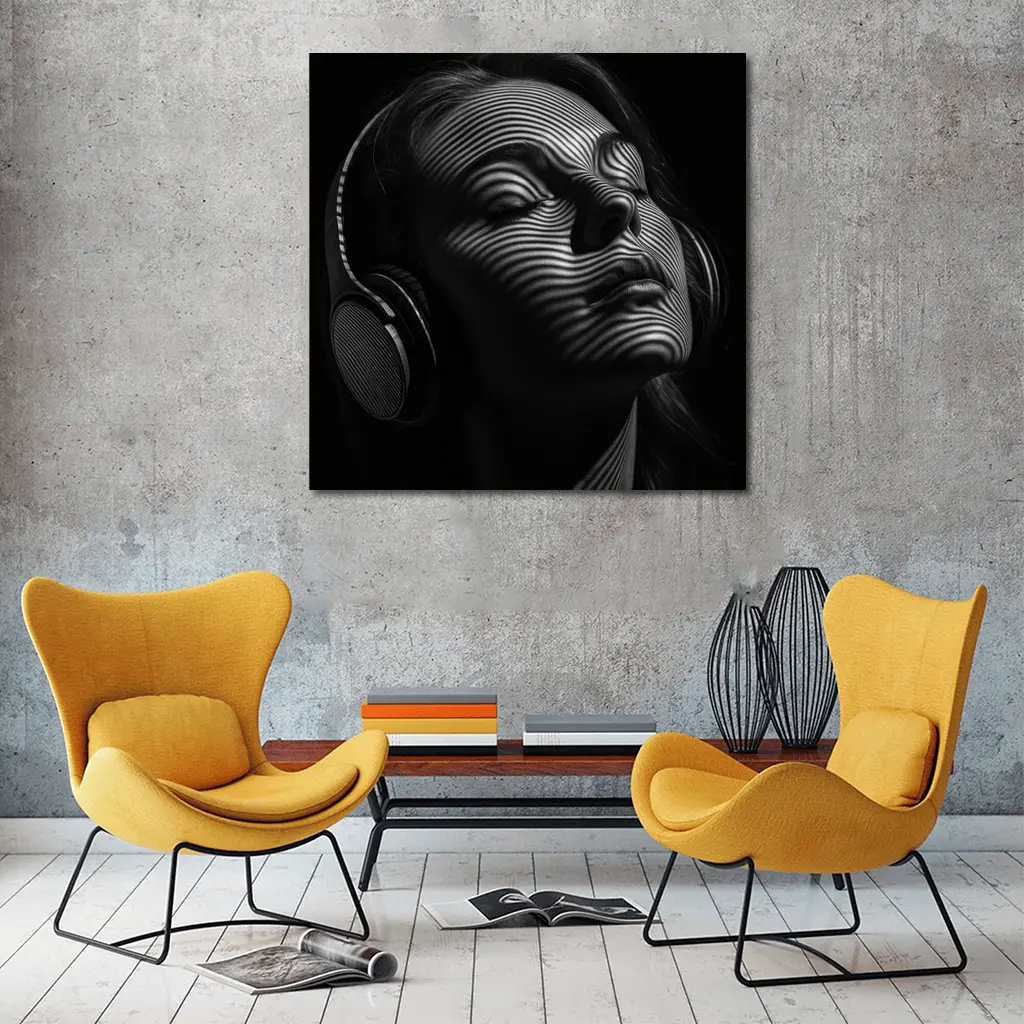 Woman Headphones Striped Light Black Background – Wall Art