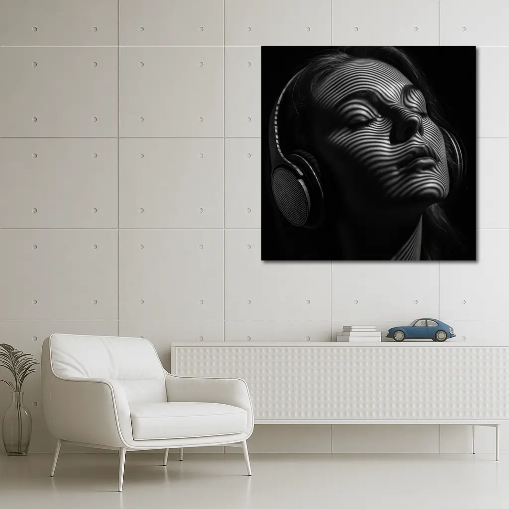 Woman Headphones Striped Light Black Background – Wall Art
