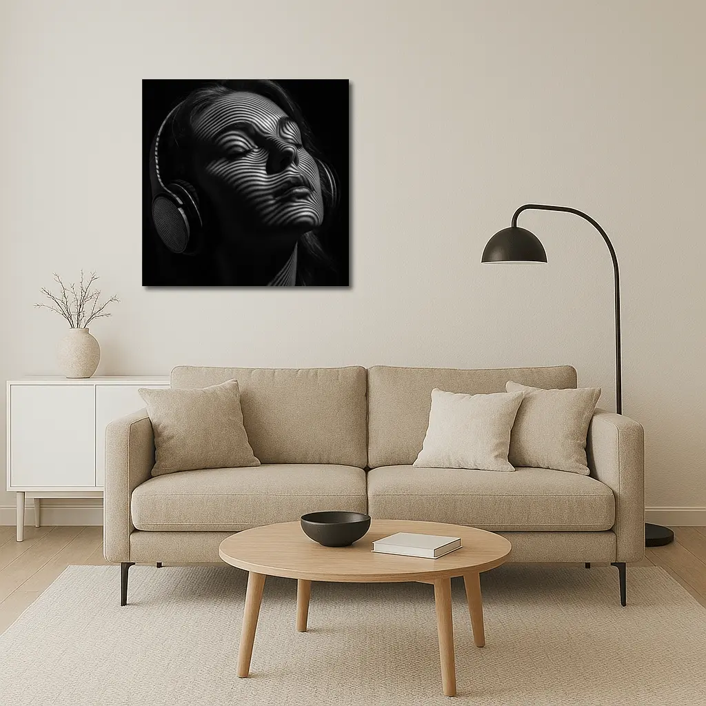 Woman Headphones Striped Light Black Background – Wall Art