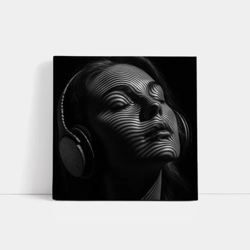Woman Headphones Striped Light Black Background – Wall Art