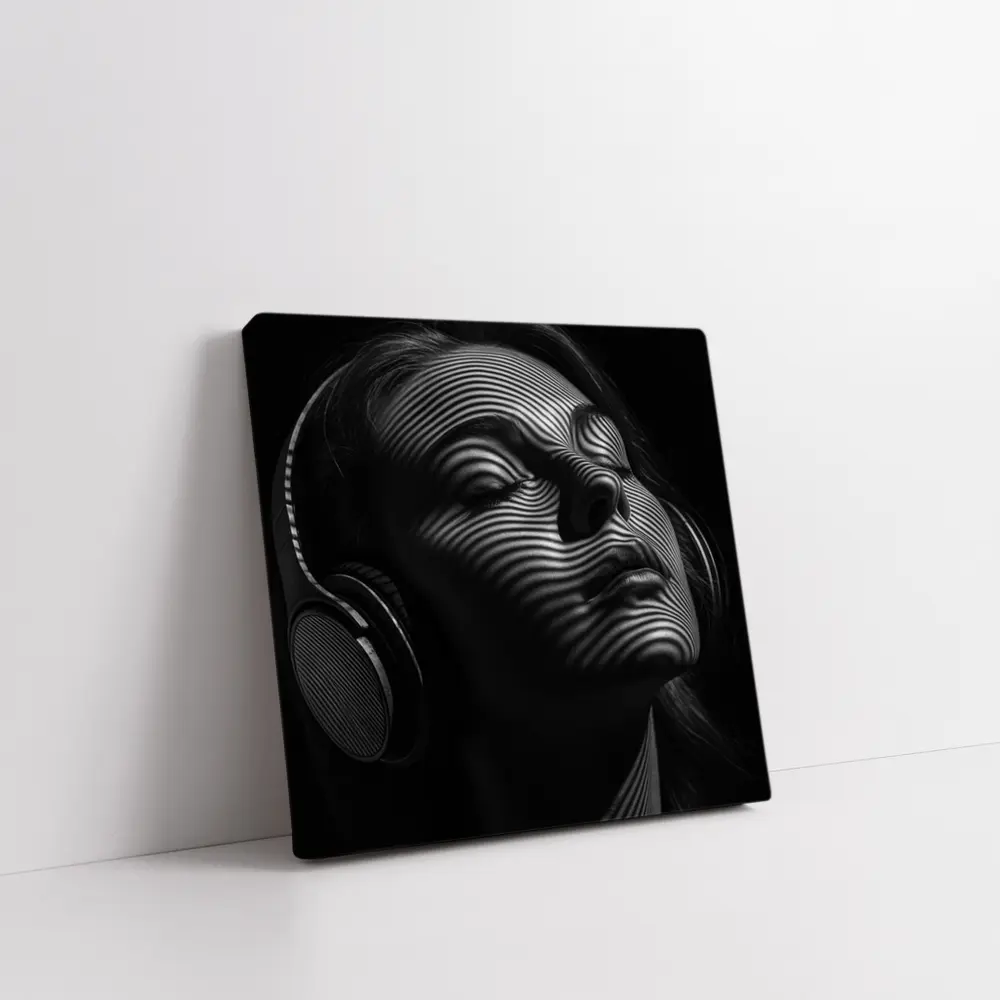 Woman Headphones Striped Light Black Background – Wall Art