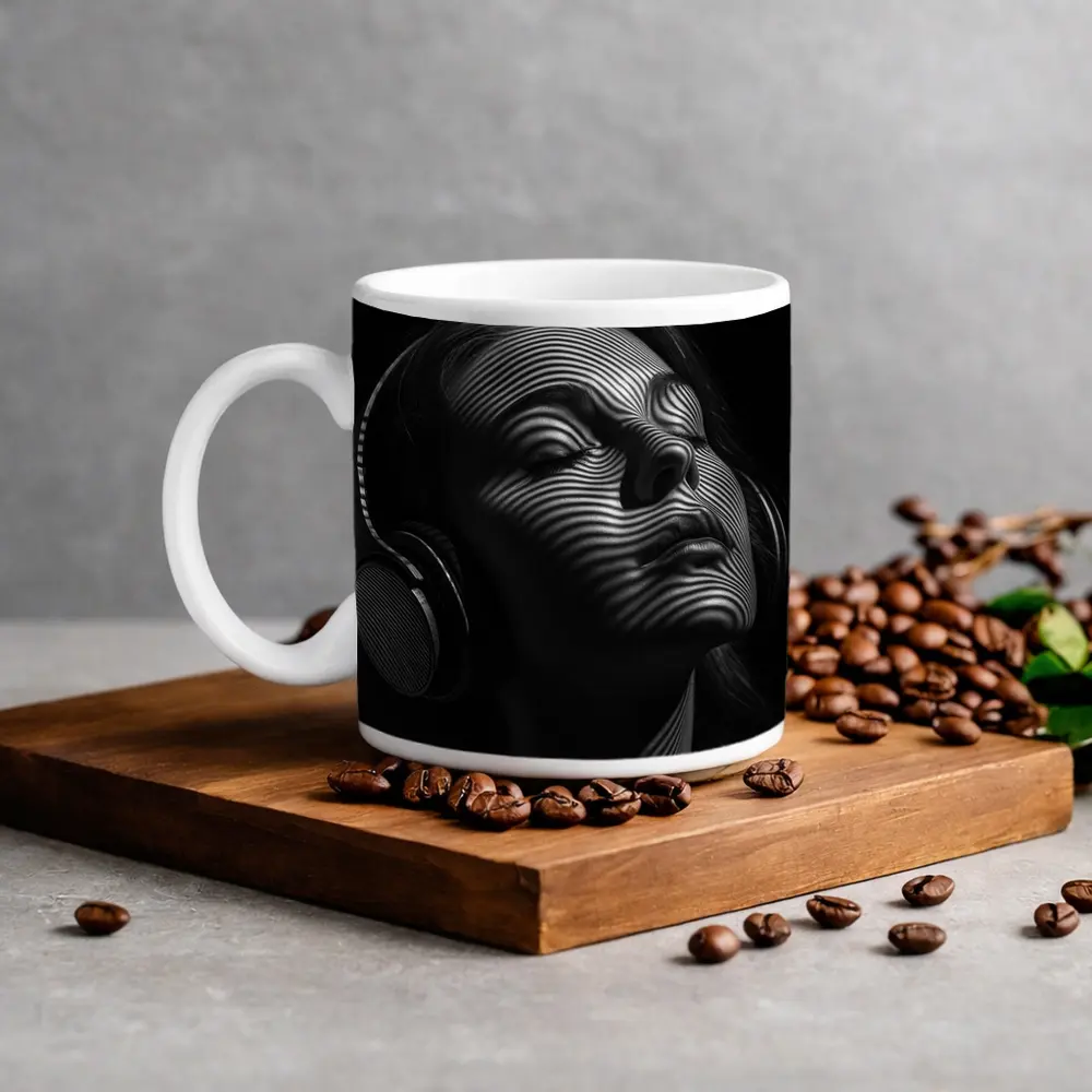 Woman Headphones Striped Light Black Background – Mugs