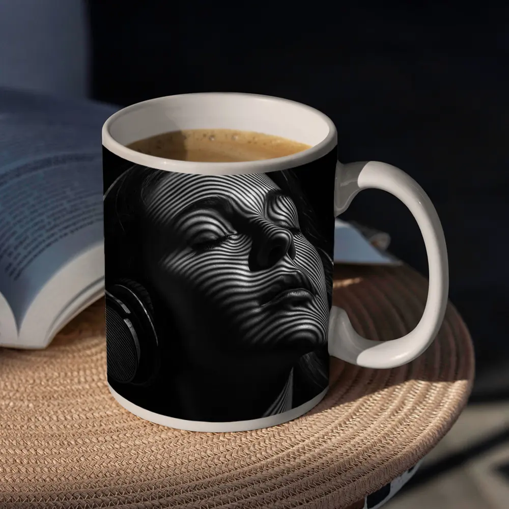 Woman Headphones Striped Light Black Background – Mugs