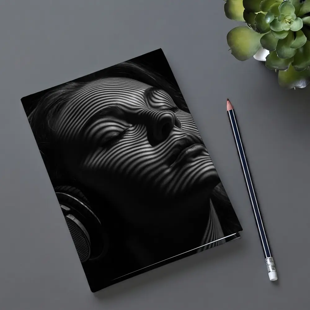 Woman Headphones Striped Light Black Background – Notebooks