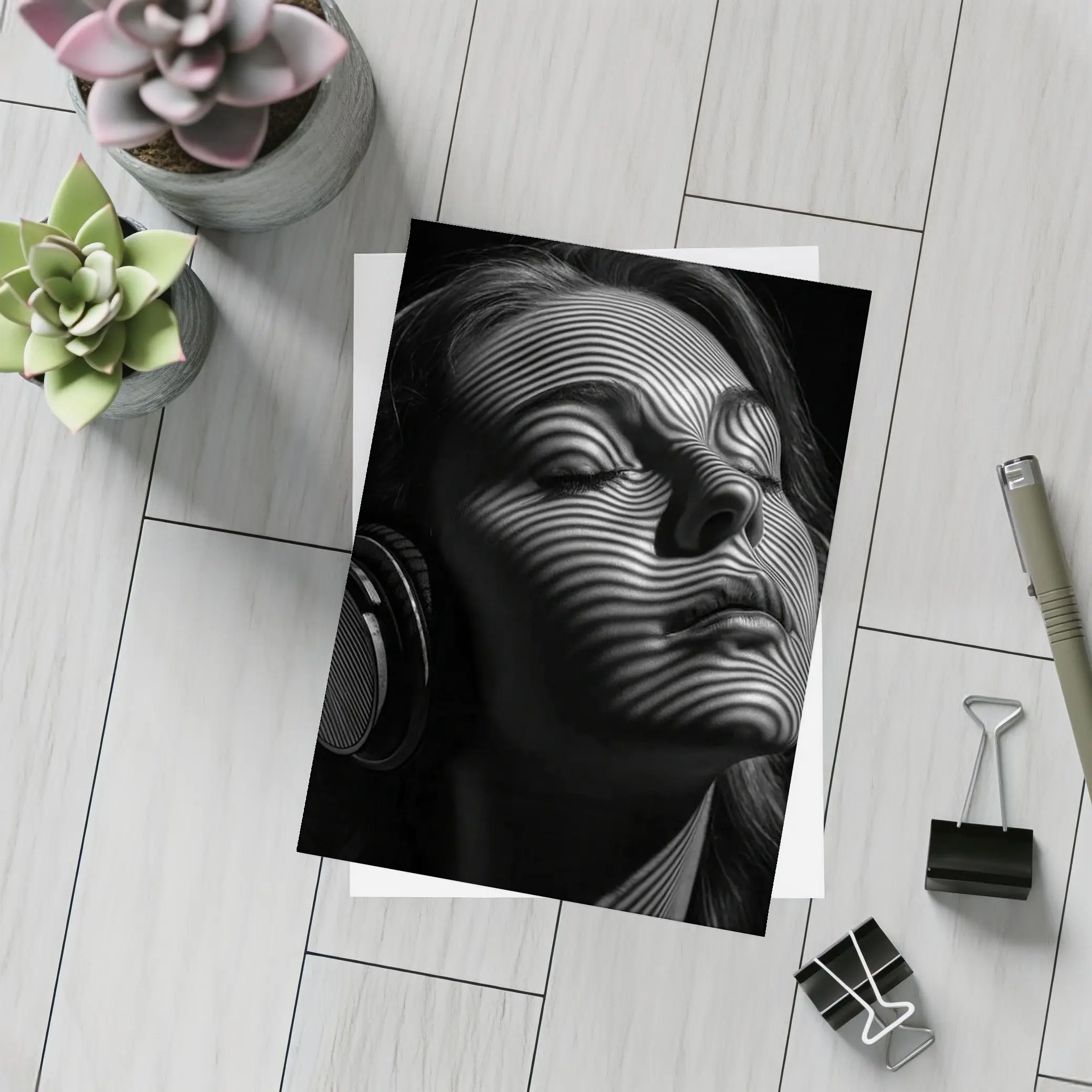 Woman Headphones Striped Light Black Background – Postcards
