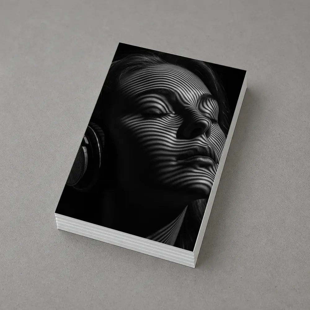 Woman Headphones Striped Light Black Background – Postcards