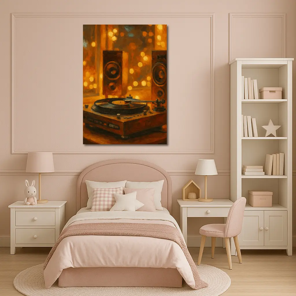 Vinyl Record Player Oil Painting Warm Bokeh – Wall Art