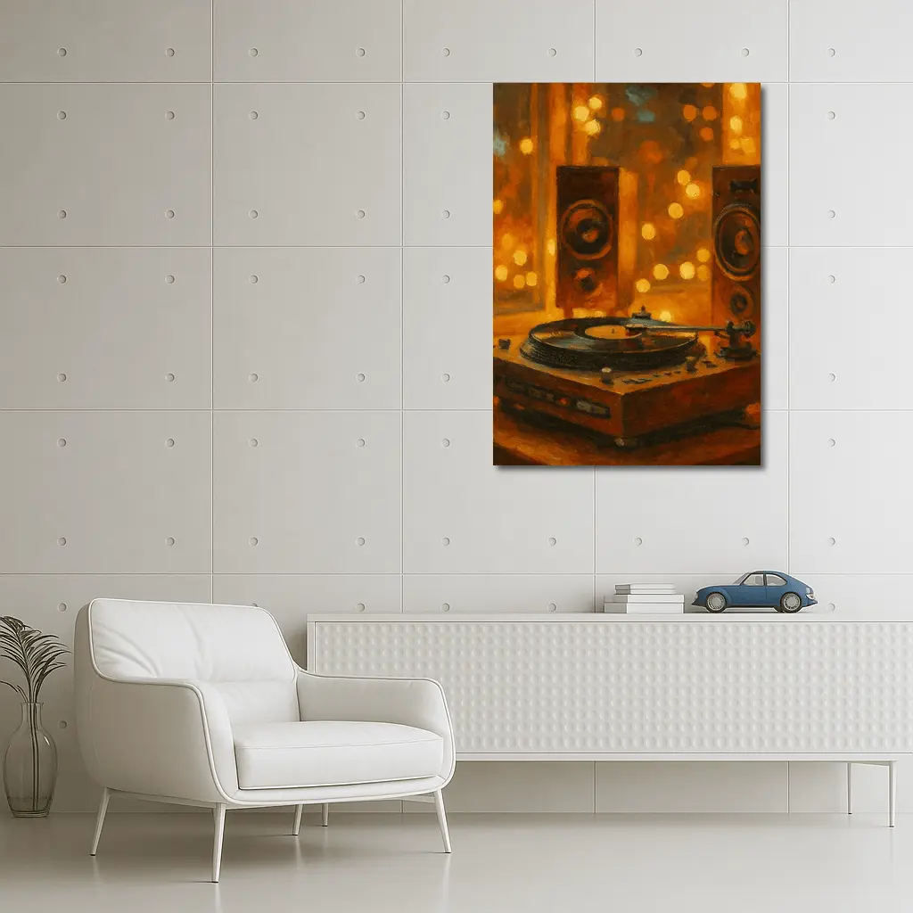 Vinyl Record Player Oil Painting Warm Bokeh – Wall Art