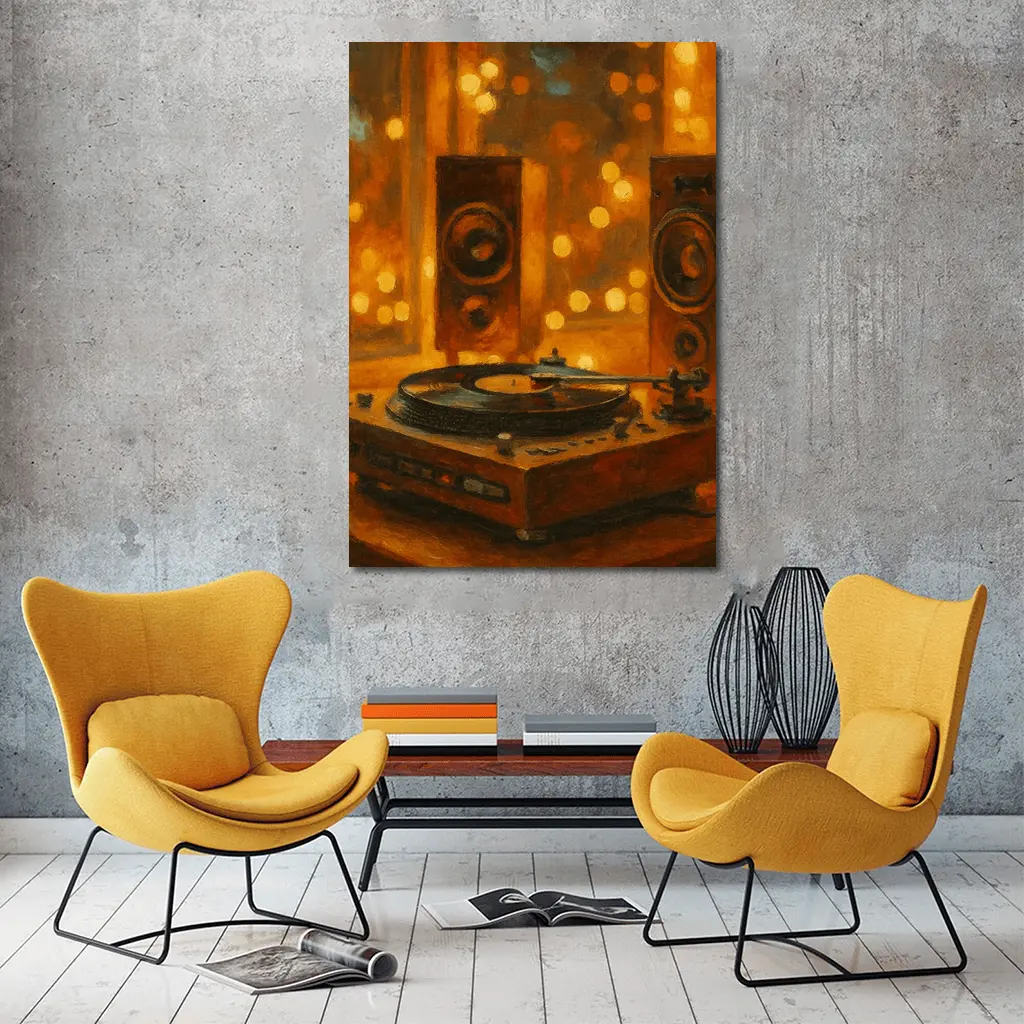 Vinyl Record Player Oil Painting Warm Bokeh – Wall Art