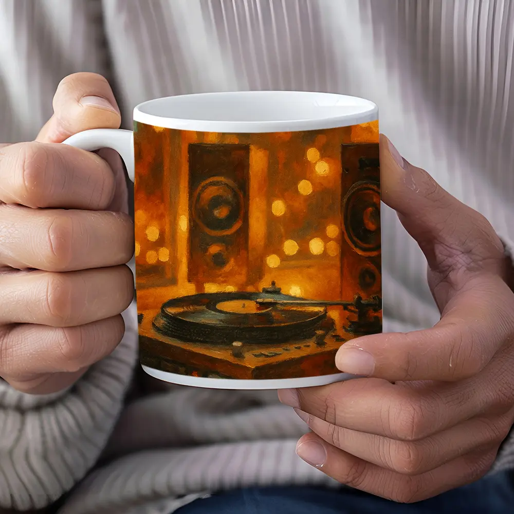 Vinyl Record Player Oil Painting Warm Bokeh – Mugs