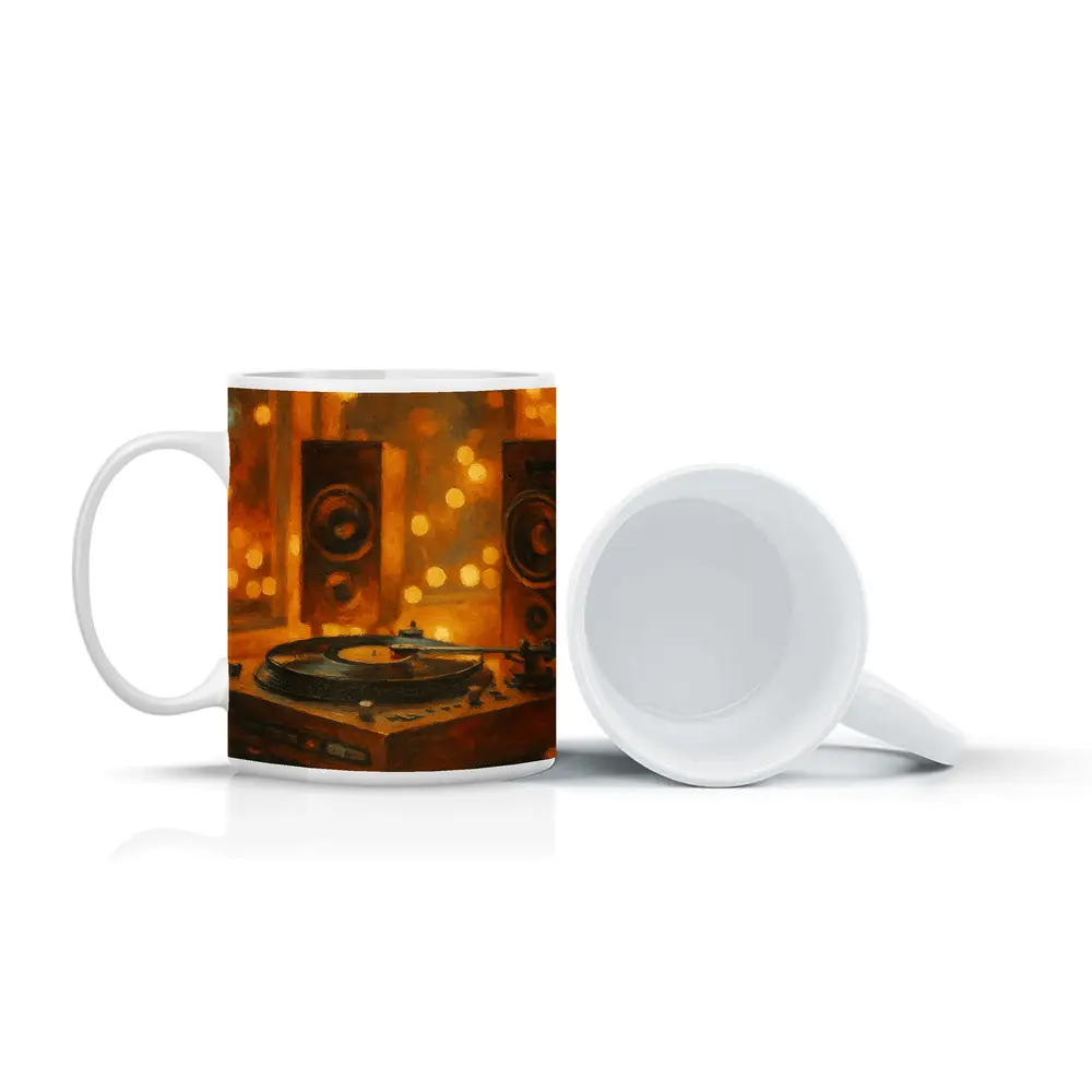 Vinyl Record Player Oil Painting Warm Bokeh – Mugs