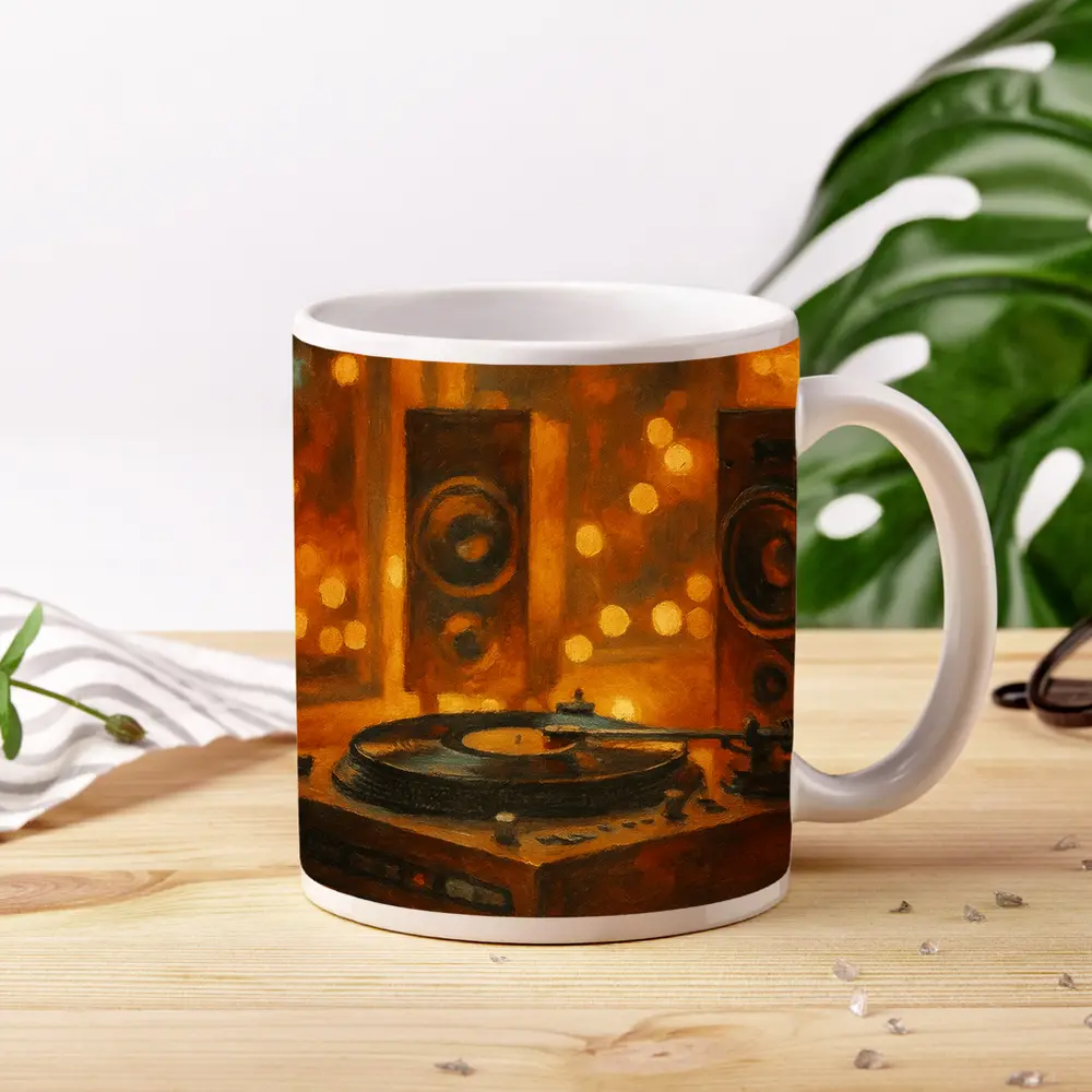 Vinyl Record Player Oil Painting Warm Bokeh – Mugs