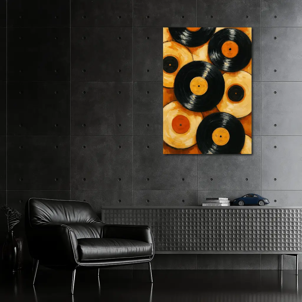 Vinyl Records Oil Painting Orange Background – Wall Art