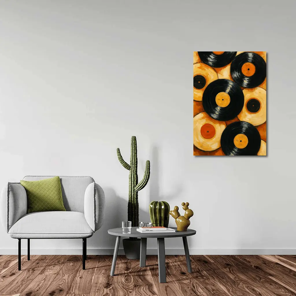 Vinyl Records Oil Painting Orange Background – Wall Art
