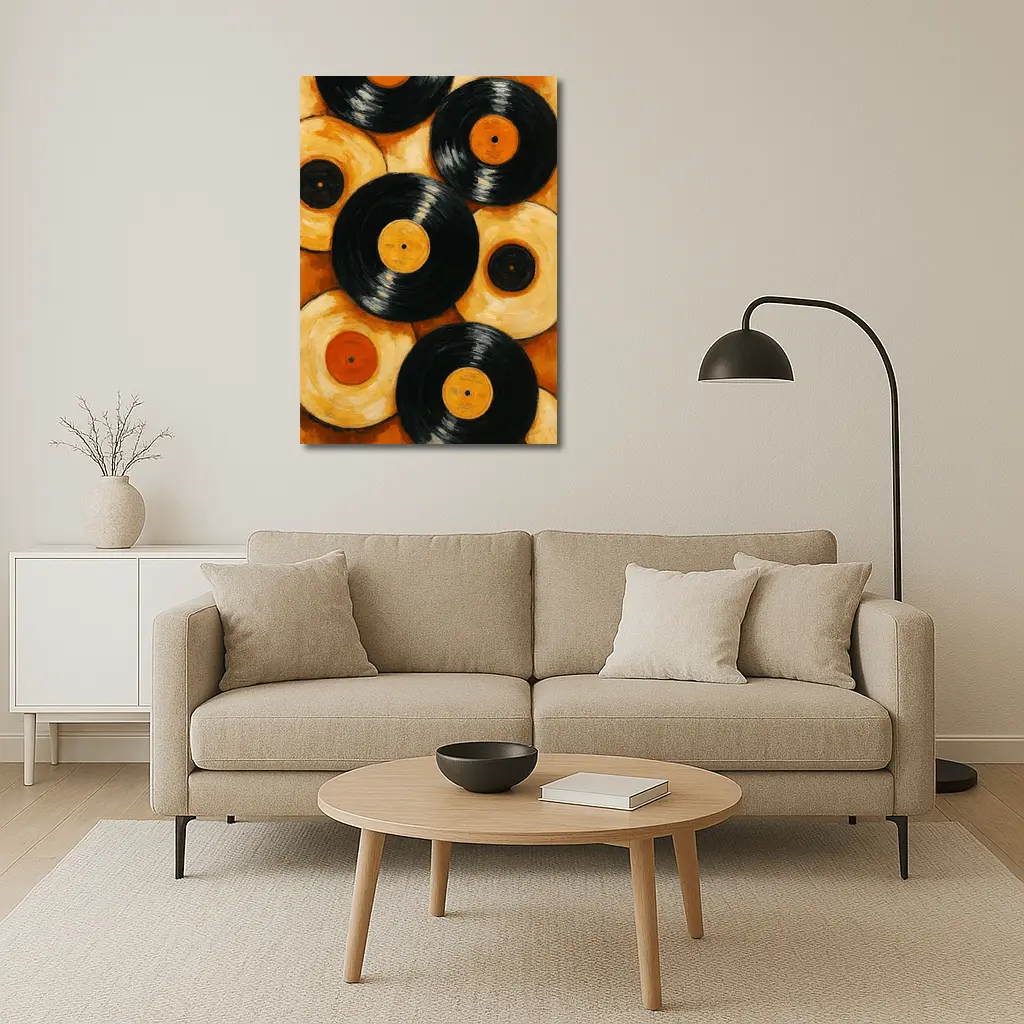 Vinyl Records Oil Painting Orange Background – Wall Art
