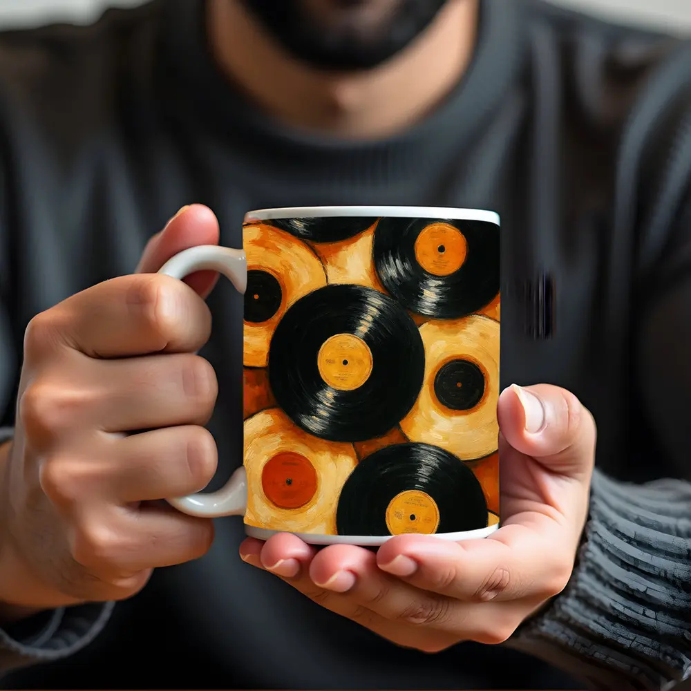 Vinyl Records Oil Painting Orange Background – Mugs