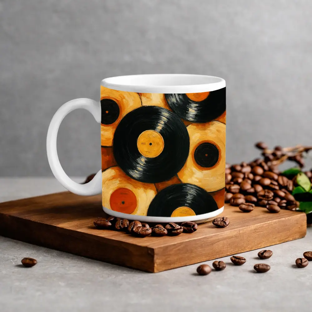 Vinyl Records Oil Painting Orange Background – Mugs
