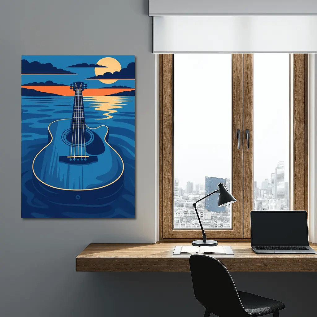 Acoustic Guitar Blue Ocean Moonlit Night – Wall Art