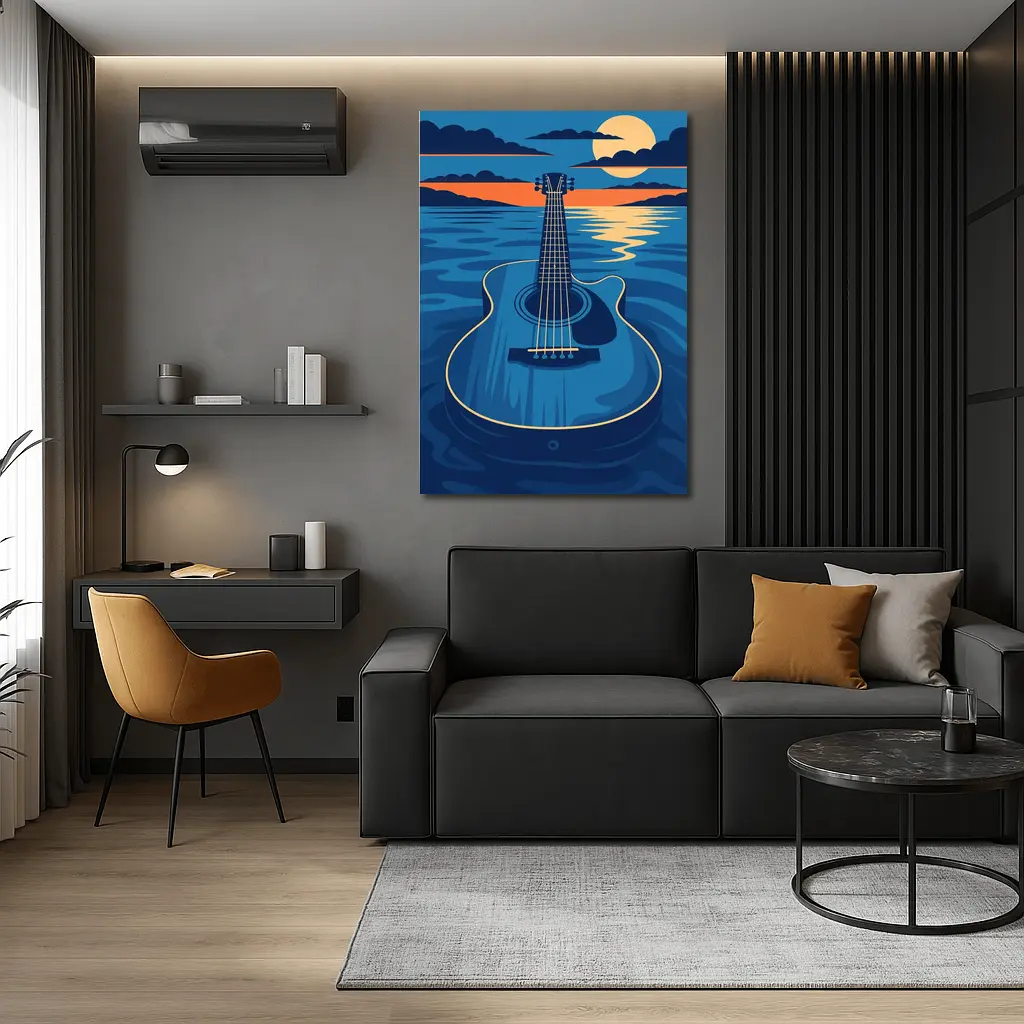 Acoustic Guitar Blue Ocean Moonlit Night – Wall Art