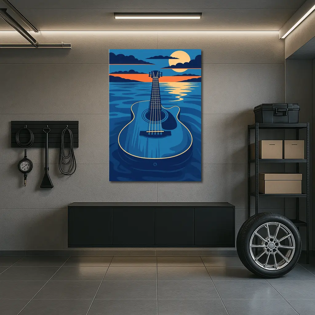 Acoustic Guitar Blue Ocean Moonlit Night – Wall Art