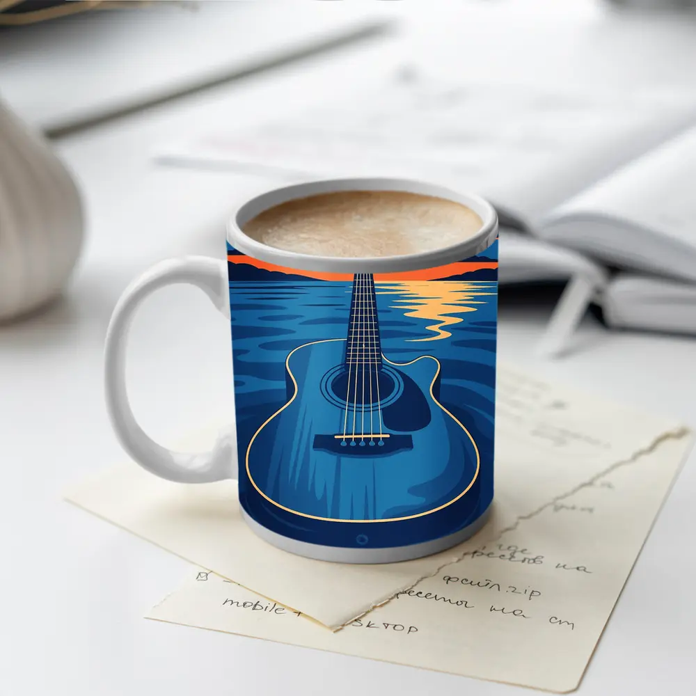 Acoustic Guitar Blue Ocean Moonlit Night – Mugs