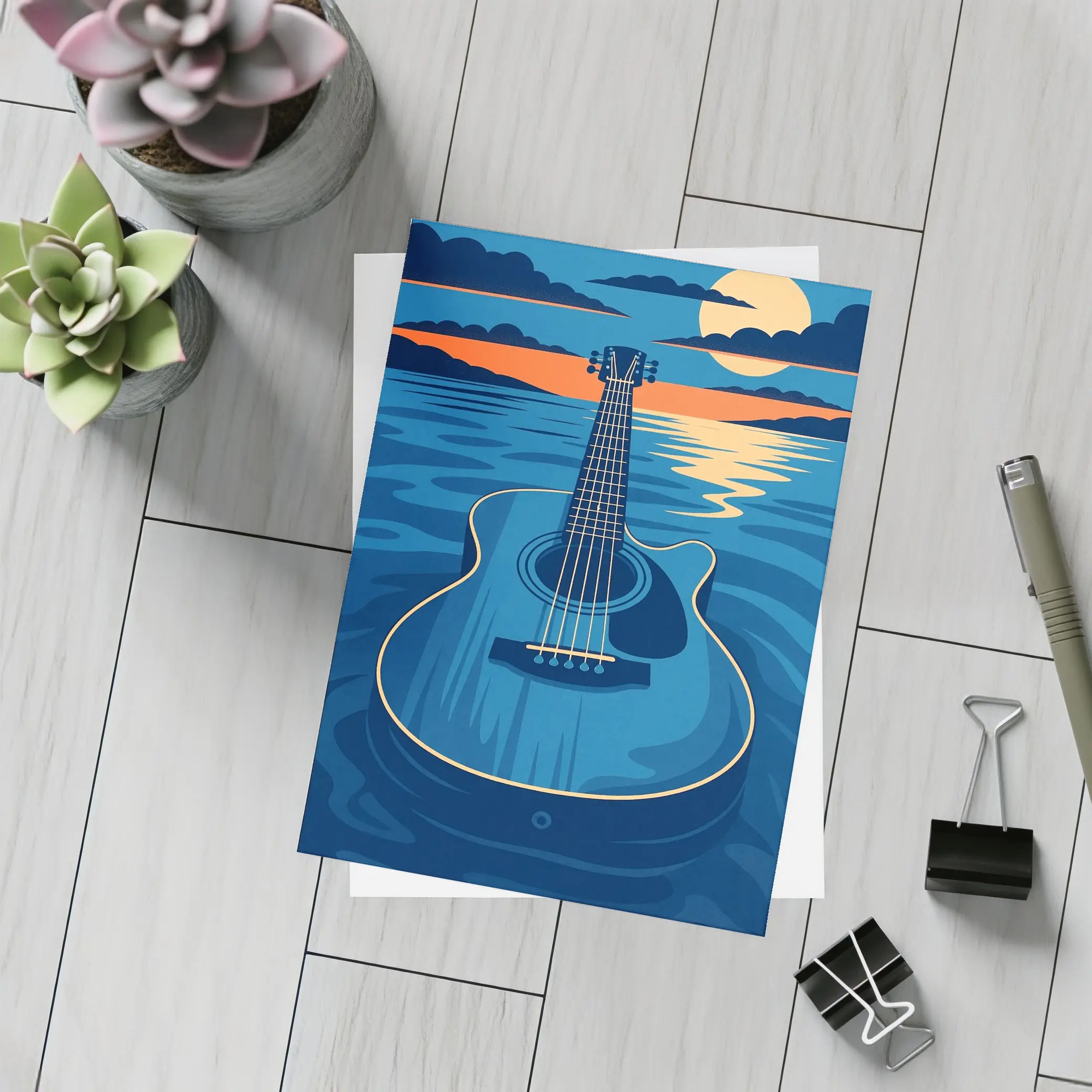 Acoustic Guitar Blue Ocean Moonlit Night – Postcards