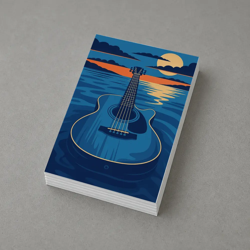 Acoustic Guitar Blue Ocean Moonlit Night – Postcards