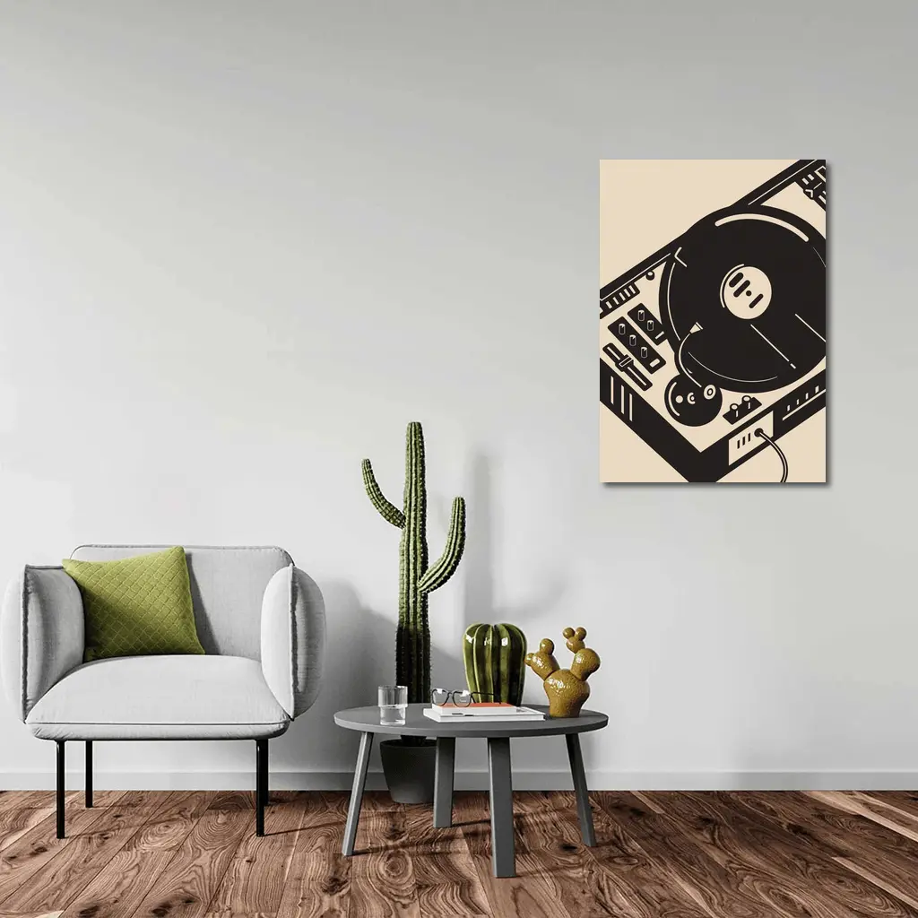 Retro DJ Turntable Illustration Beige Background – Wall Art