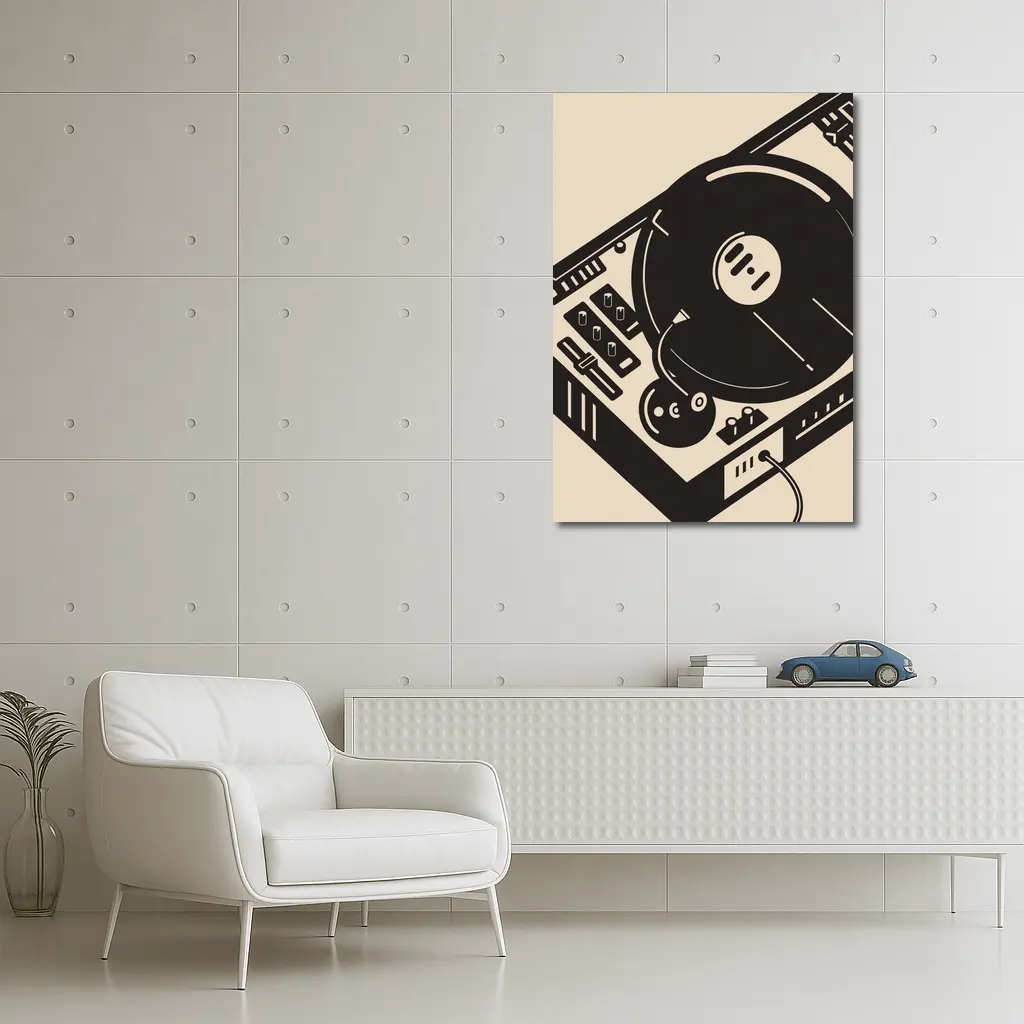 Retro DJ Turntable Illustration Beige Background – Wall Art