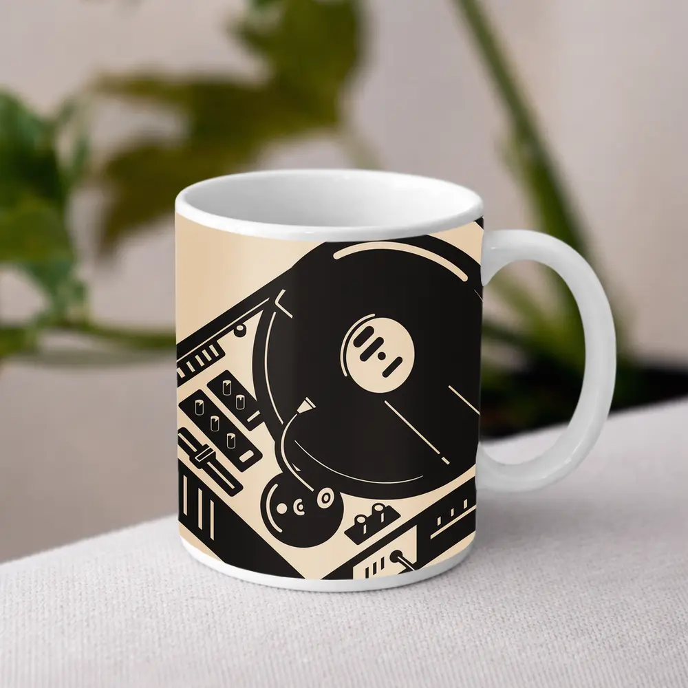 Retro DJ Turntable Illustration Beige Background – Mugs