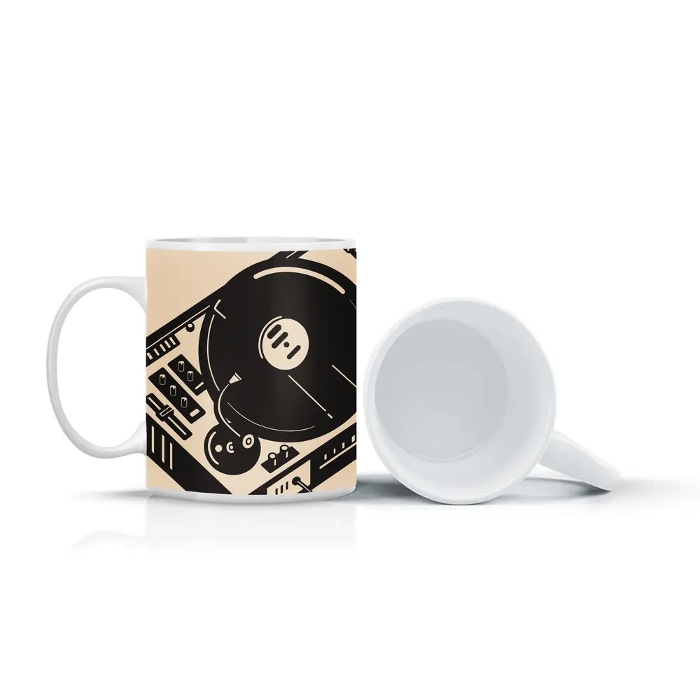 Retro DJ Turntable Illustration Beige Background – Mugs