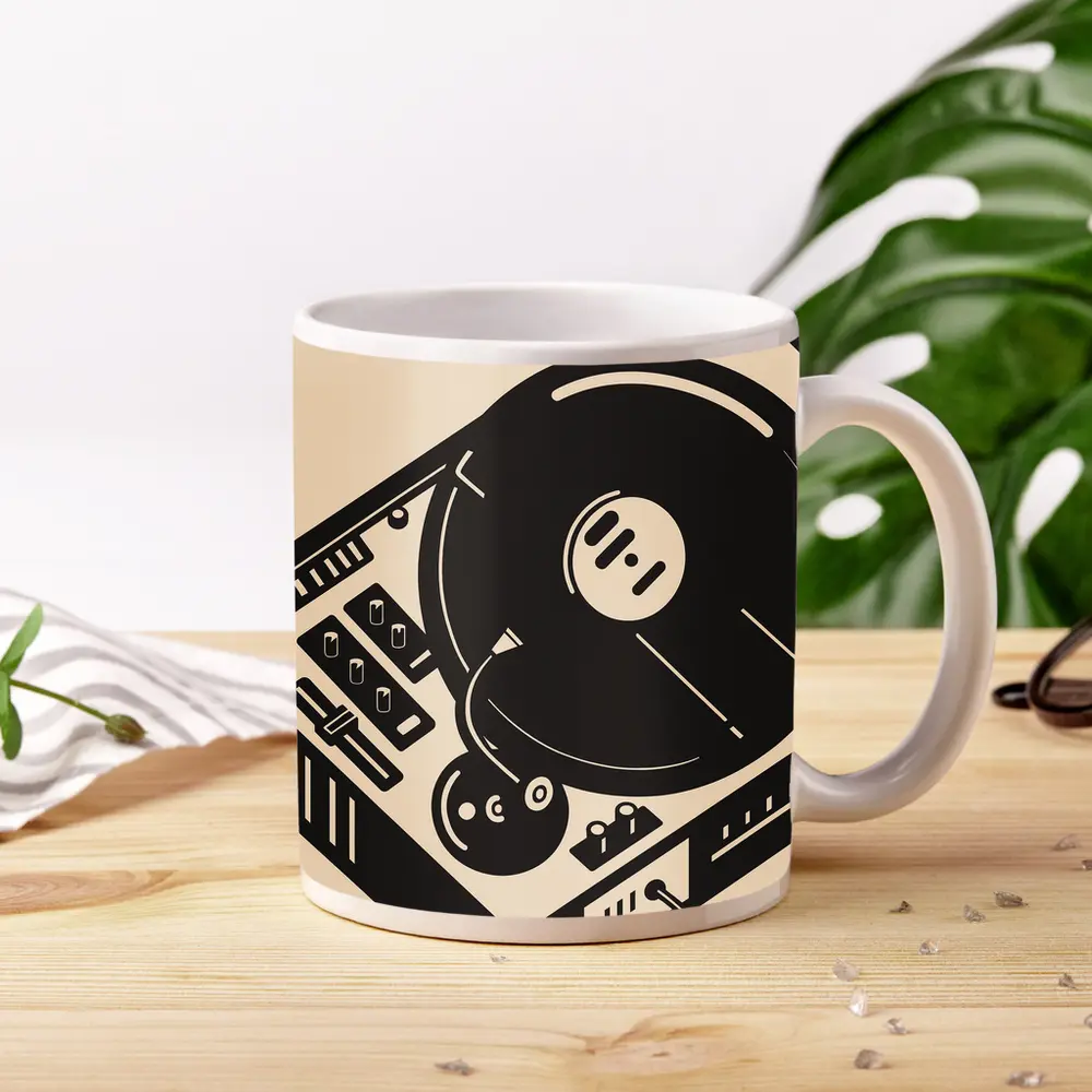 Retro DJ Turntable Illustration Beige Background – Mugs