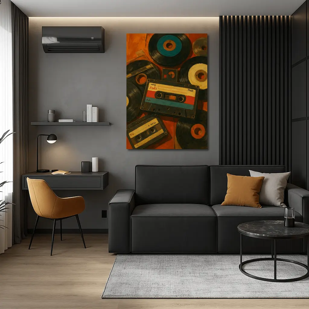 Retro Cassette Tapes Vinyl Records Oil Painting – Wall Art