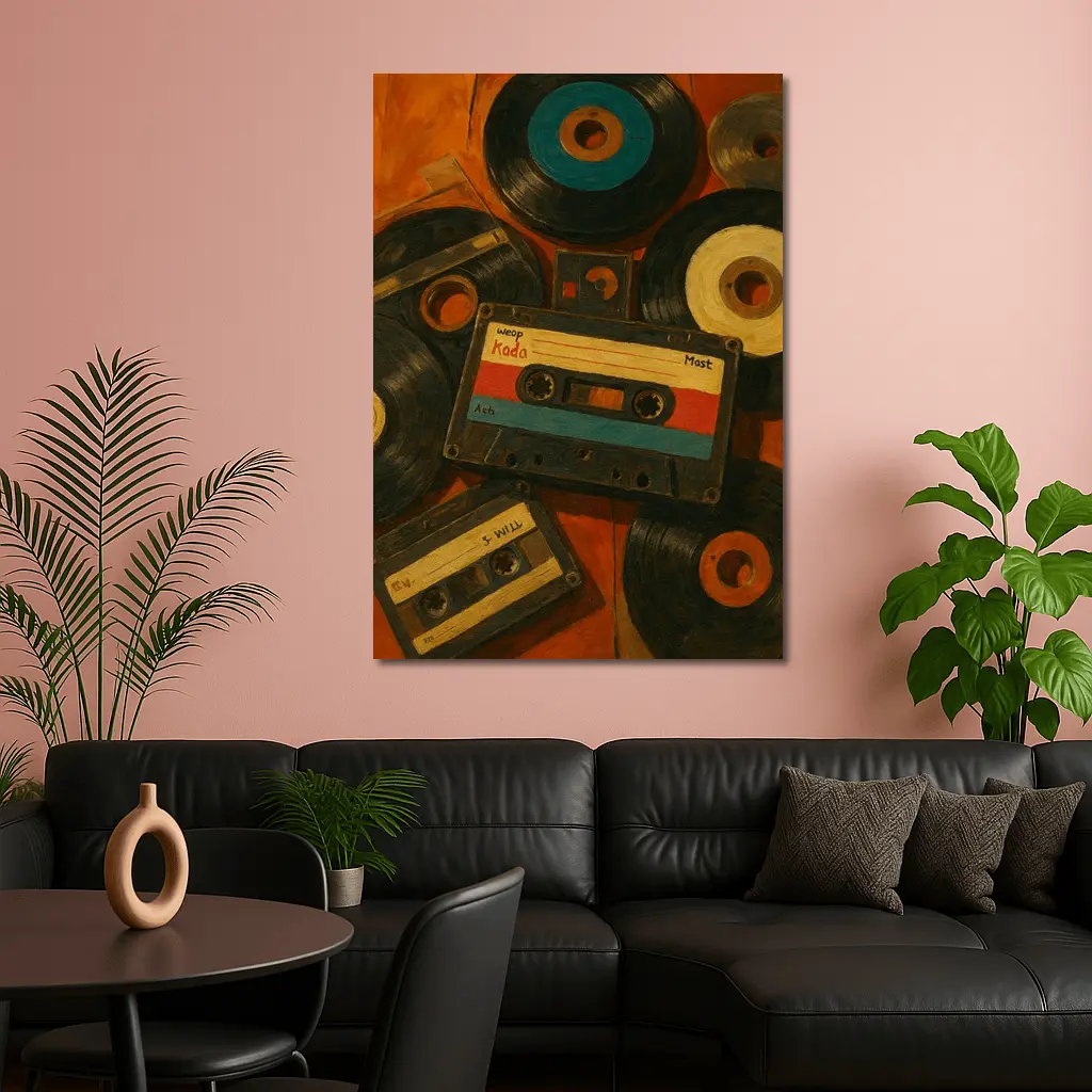 Retro Cassette Tapes Vinyl Records Oil Painting – Wall Art