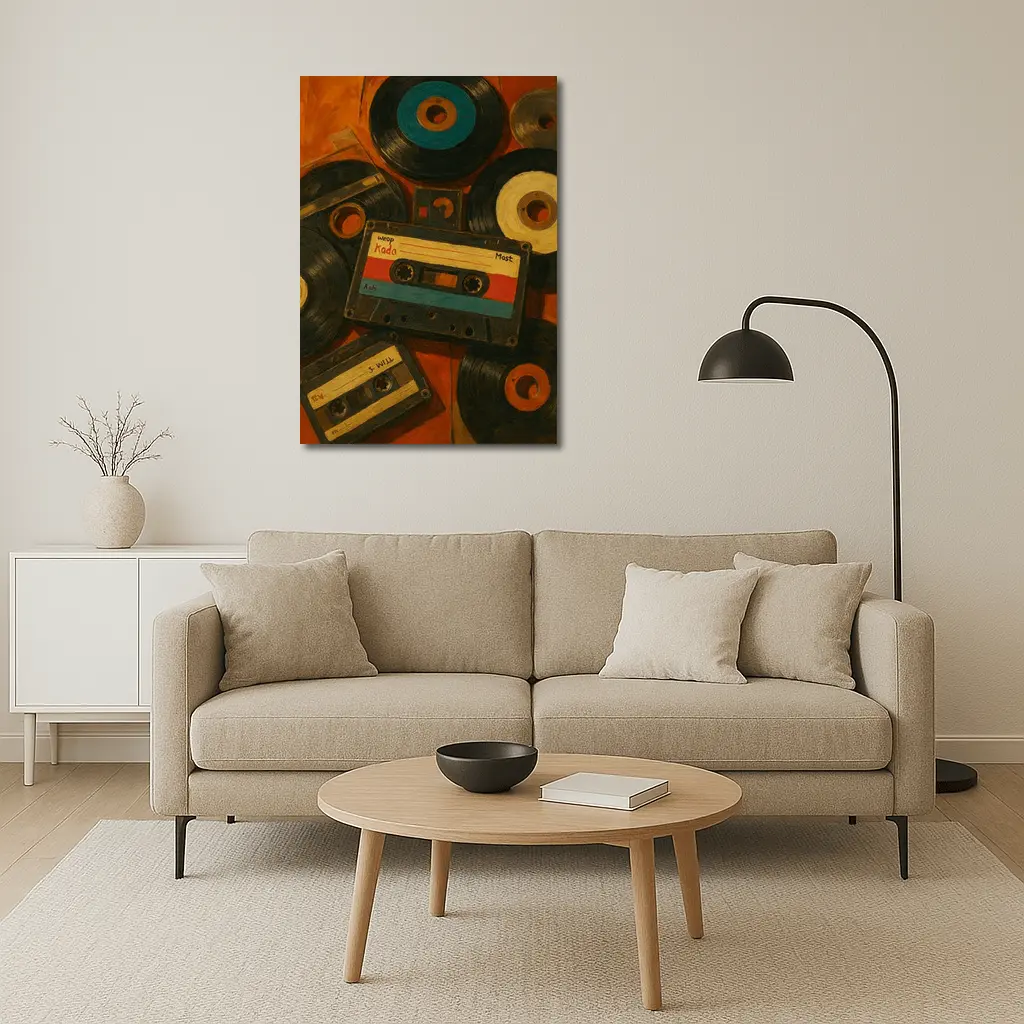 Retro Cassette Tapes Vinyl Records Oil Painting – Wall Art