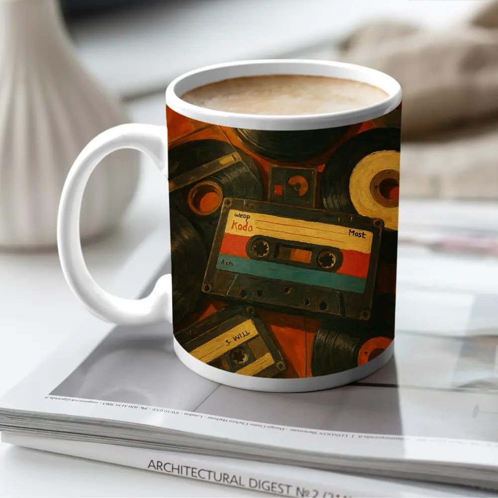 Retro Cassette Tapes Vinyl Records Oil Painting – Mugs