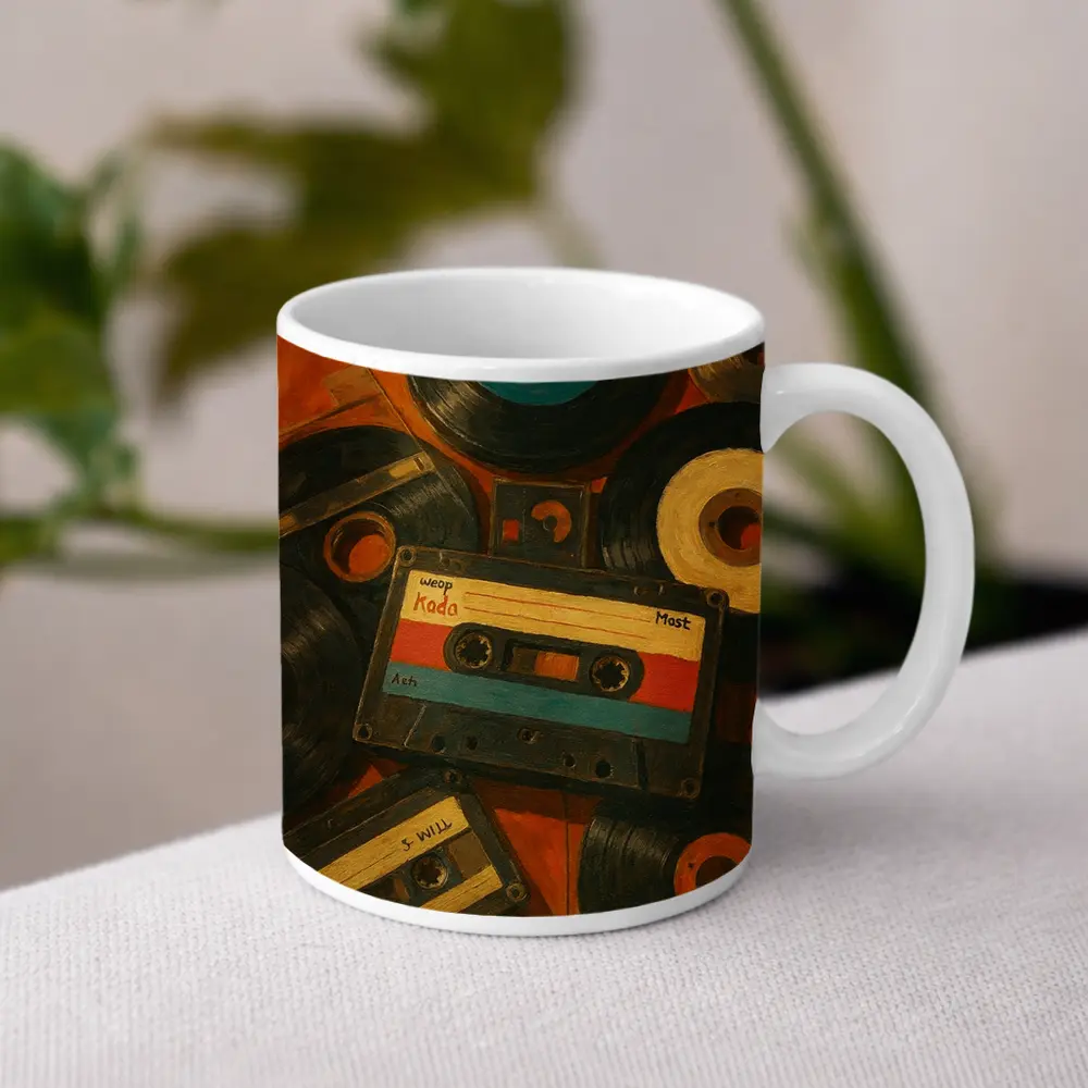 Retro Cassette Tapes Vinyl Records Oil Painting – Mugs