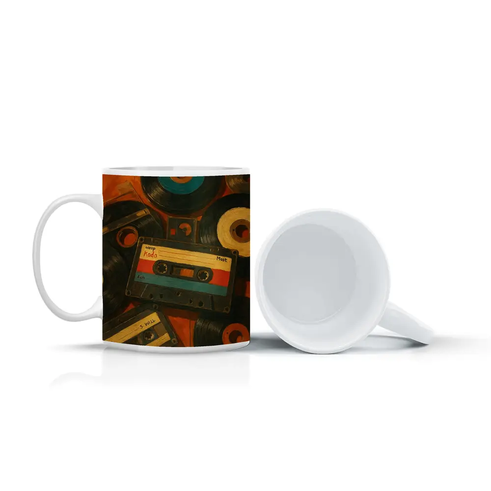 Retro Cassette Tapes Vinyl Records Oil Painting – Mugs