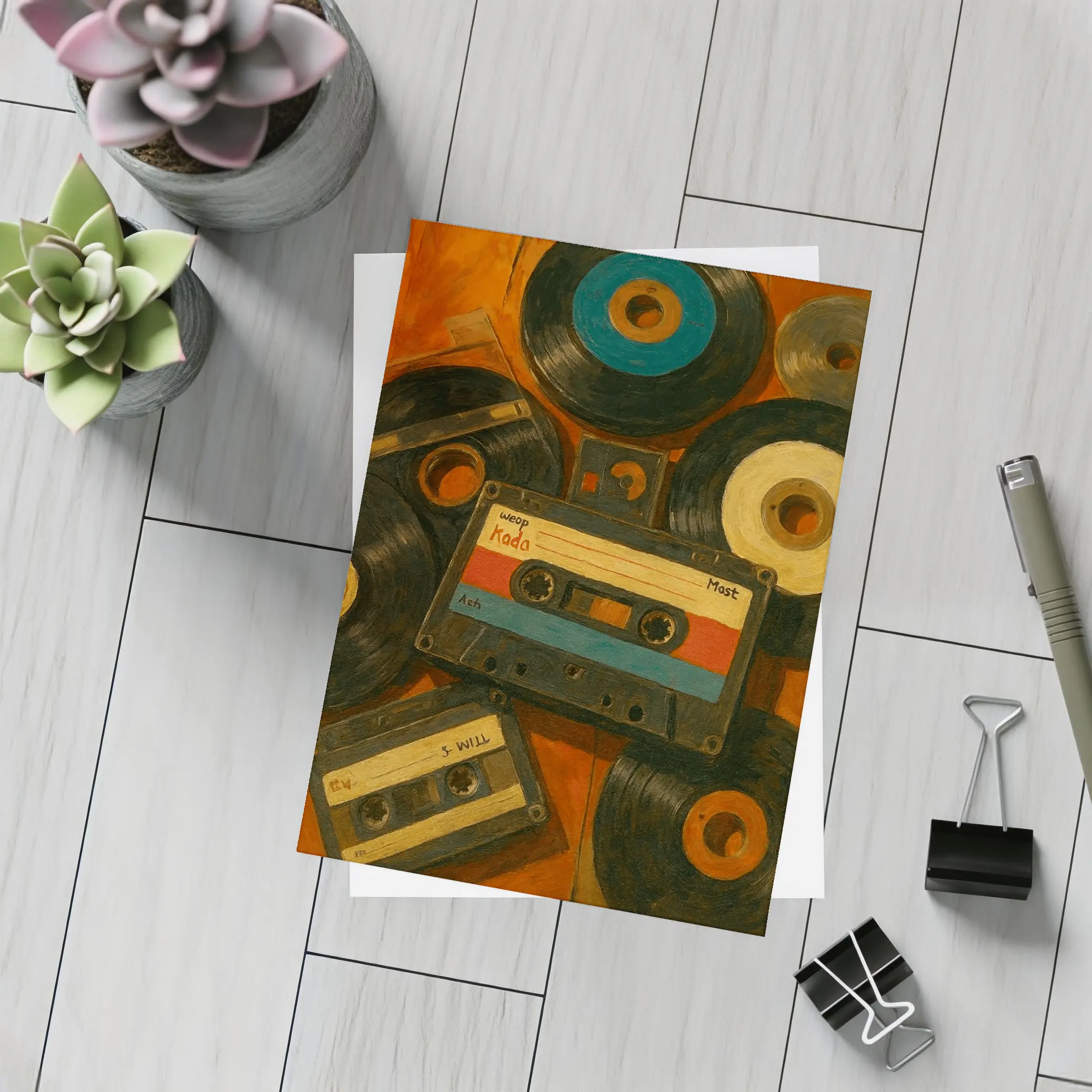 Retro Cassette Tapes Vinyl Records Oil Painting – Postcards