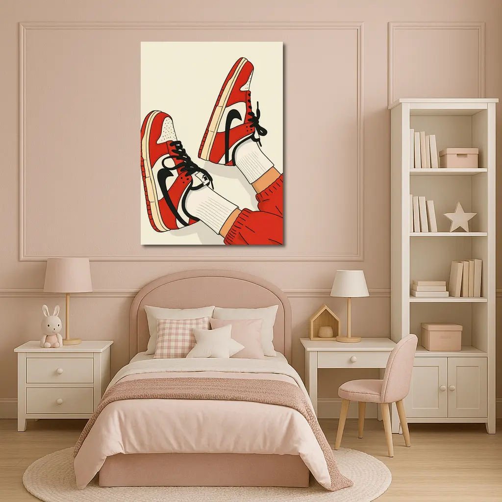 Red Nike Sneakers Flat Illustration Beige Background – Wall Art