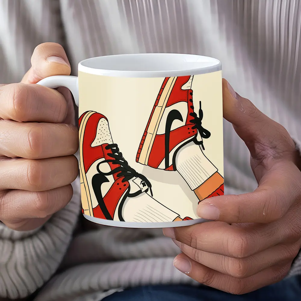 Red Nike Sneakers Flat Illustration Beige Background – Mugs
