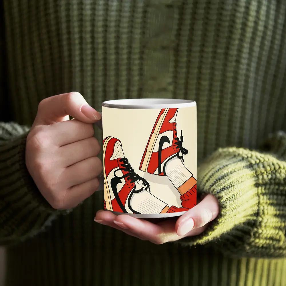 Red Nike Sneakers Flat Illustration Beige Background – Mugs