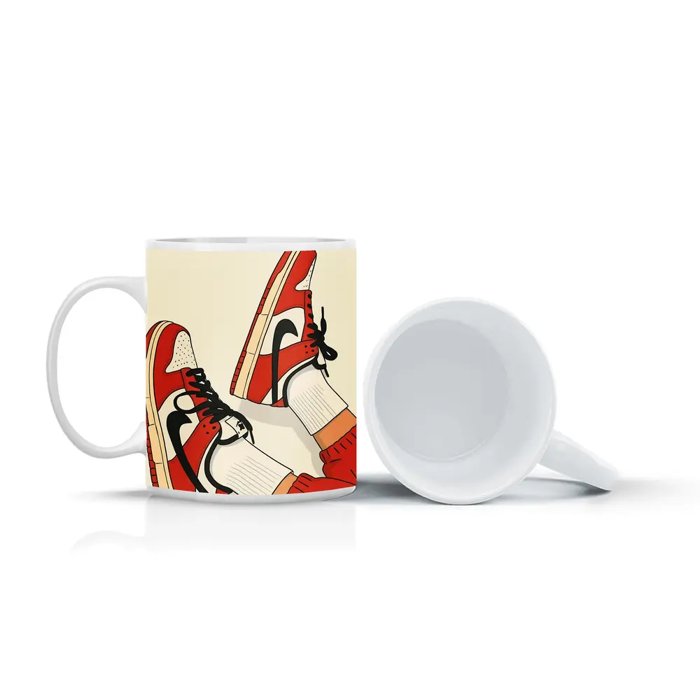 Red Nike Sneakers Flat Illustration Beige Background – Mugs