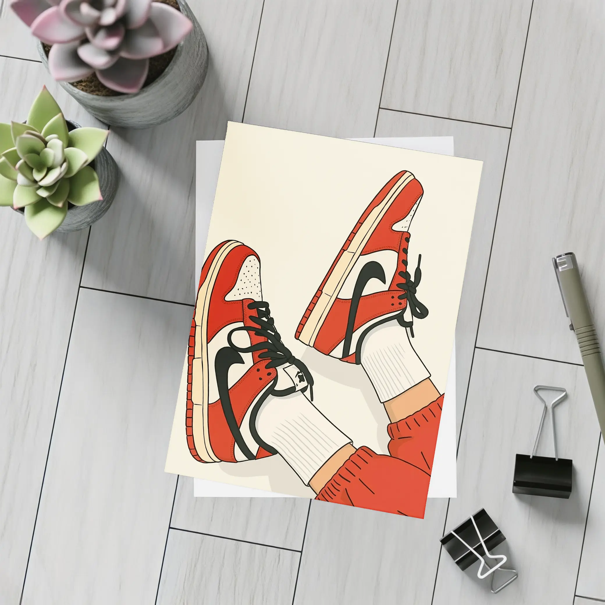 Red Nike Sneakers Flat Illustration Beige Background – Postcards