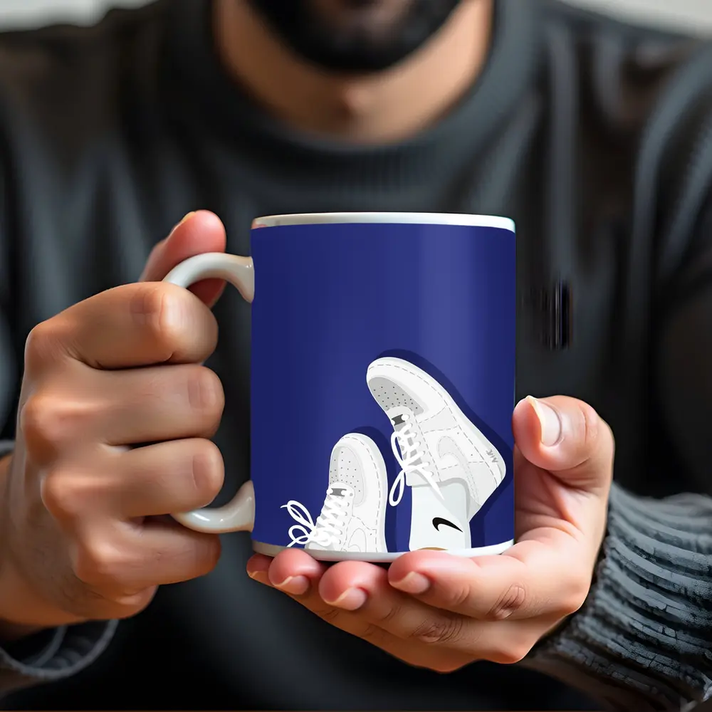 White Nike Air Force Ones Blue Background – Mugs